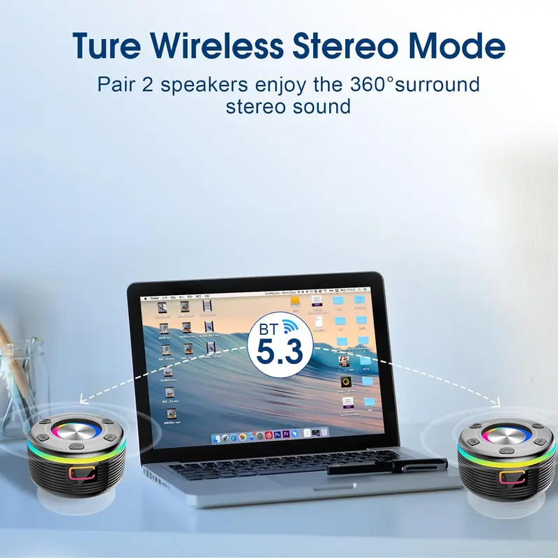 ```WHATOOK 360°HD Sound Portable Bluetooth Speaker with RGB Lights & FM Radio - Waterproof, Stereo Sound, Dual Pairing - 24H Playtime & Bluetooth 5.3```